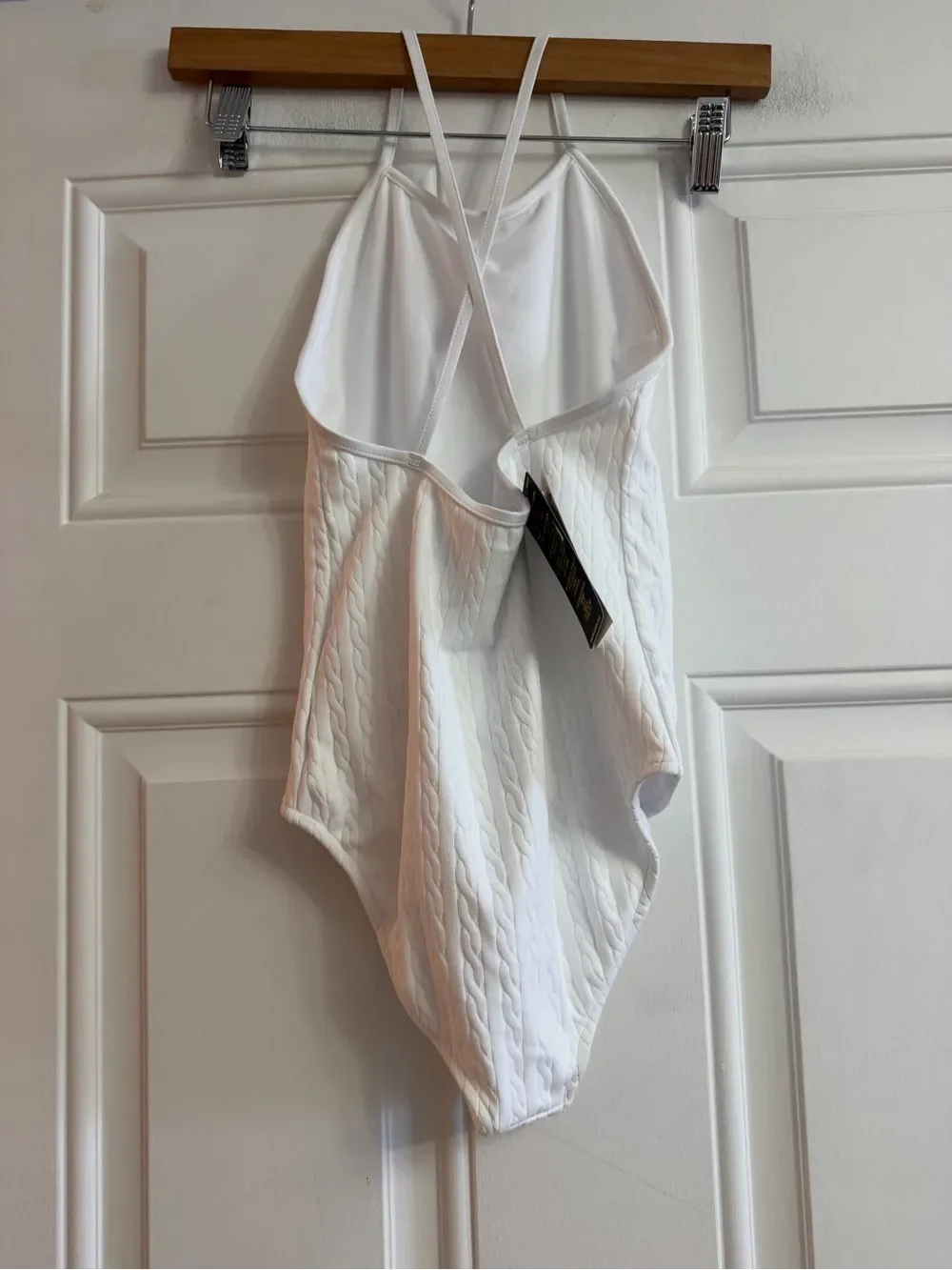 Polo Ralph Lauren White Cable Knit Texture One Piece Swimsuit Girls 8 NWT